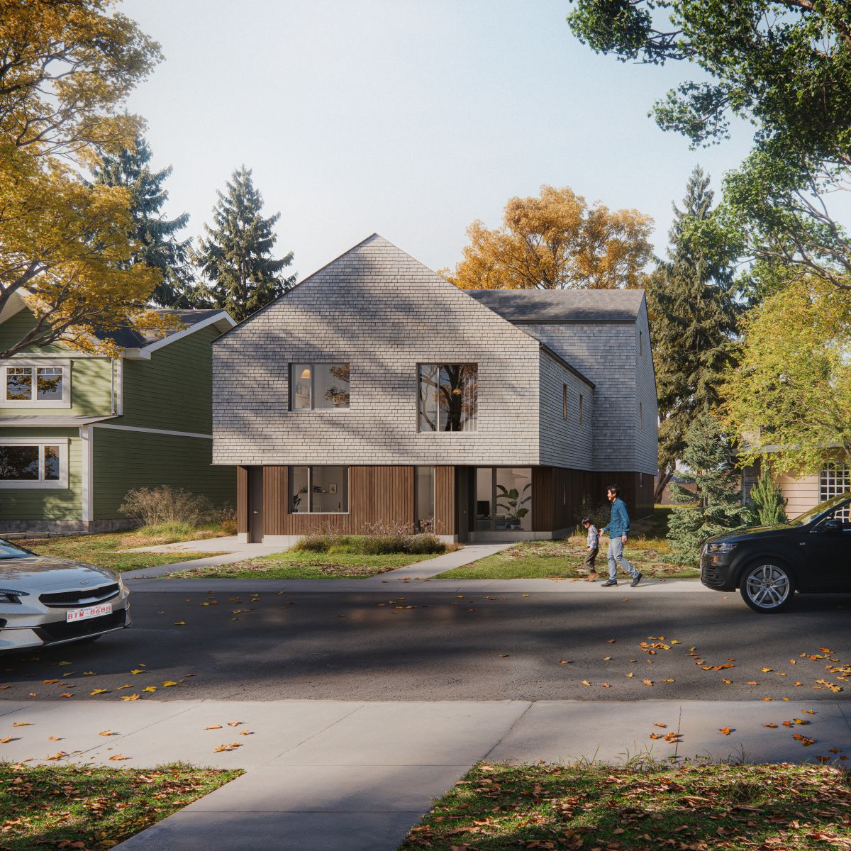  A 3D rendering of  a two-storey home with shingles, wood finishes, and large windows.